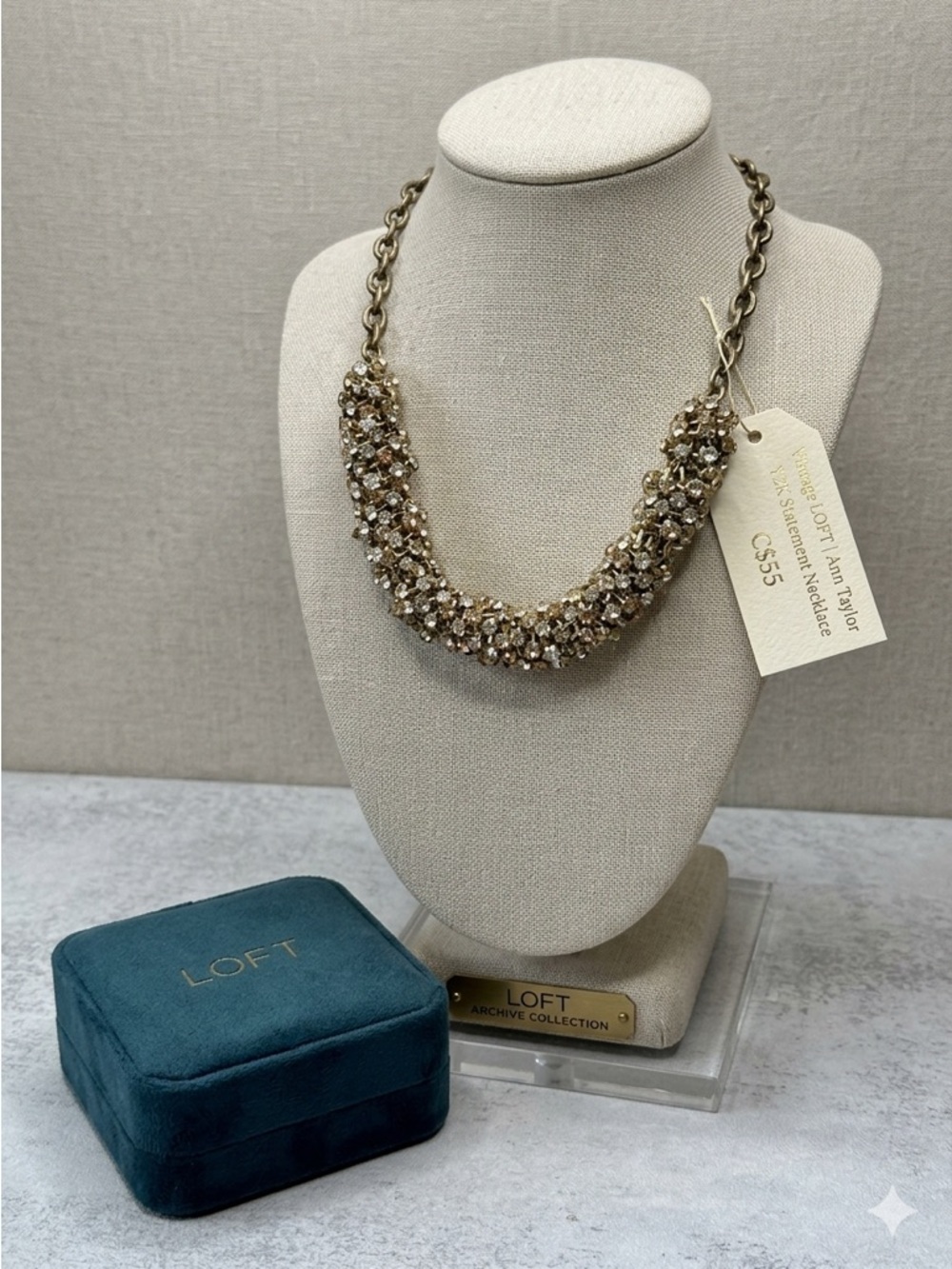 Vintage LOFT Ann Taylor Y2K Gold Crystal Statement Necklace EUC